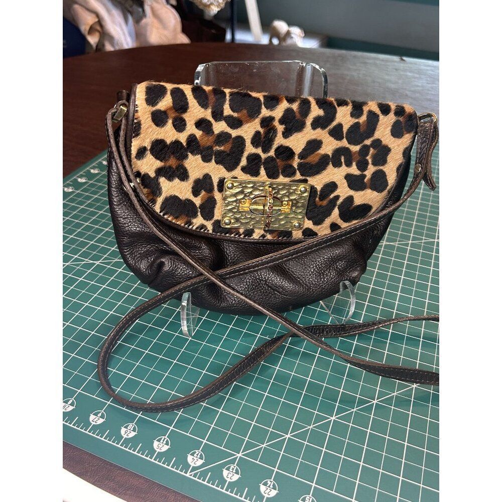 Ralph Lauren Leopard Print Brown Leather Crossbody Bag Gold Clasp